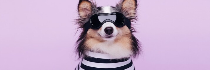 Wall Mural - A stylish dog wearing sunglasses and a striped outfit against a pastel background.