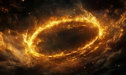 Wall Mural - glowing particles dancing in a ring of fire, radiant sparks, warm tones, celestial bodies