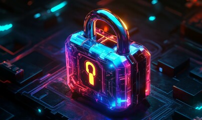 glowing digital padlock symbolizing high security and protection in tech environment. vibrant colors and circuit patterns enhance modern feel