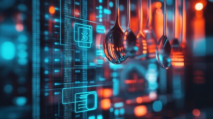 Wall Mural - a futuristic digital interface featuring hanging spoons and glowing data elements.