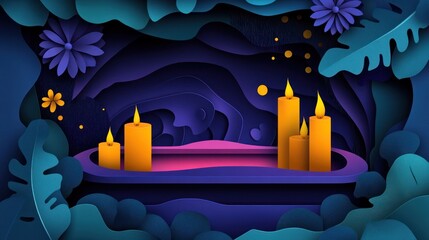 Wall Mural - a serene, stylized scene featuring glowing candles surrounded by abstract foliage and flowers.