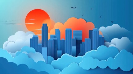 Wall Mural - a stylized city skyline at sunset, surrounded by clouds and birds.