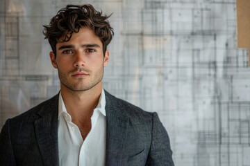 A young man with curly brown hair, wearing a gray suit and white shirt, stands confidently against a backdrop of architectural blueprints.