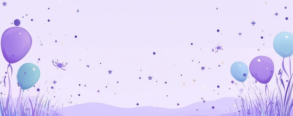 Wall Mural - a whimsical illustration featuring balloons, stars, and a soft landscape in pastel colors.