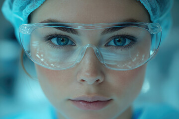 Aufkleber - Close-up portrait of a female scientist wearing safety goggles and a surgical cap, focused and determined.