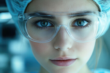 Aufkleber - A young woman scientist in safety glasses and a surgical cap, gazing intently.