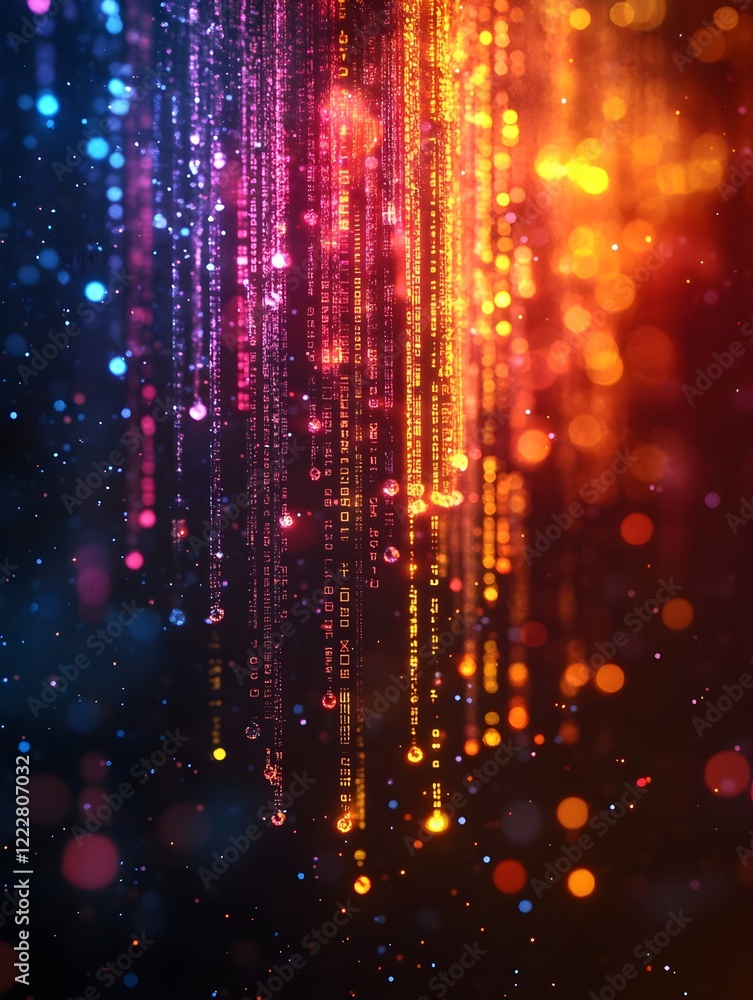 A background of floating binary code resembling a digital rain.