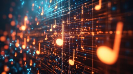 Wall Mural - a vibrant digital representation of musical notes intertwined with glowing data lines.