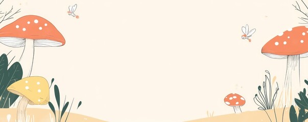 Wall Mural - a whimsical illustration of mushrooms in a serene landscape with subtle colors.