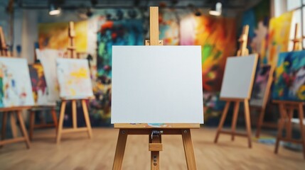 Wall Mural - an empty canvas on an easel in an art studio, surrounded by colorful artworks.