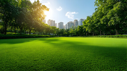 Sticker - Urban park sunny green lawn cityscape