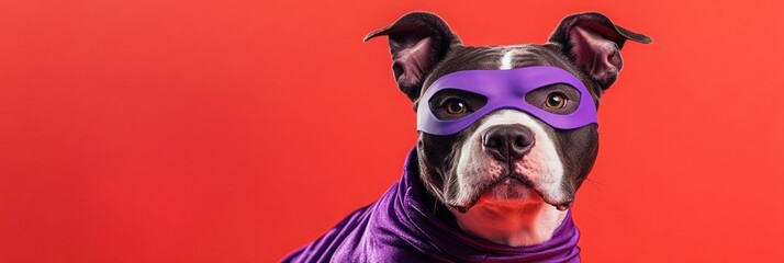 Canvas Print - A dog dressed as a superhero with a purple mask and cape against a red background.