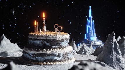 Wall Mural - a whimsical cake on a lunar landscape with candles and futuristic structures.