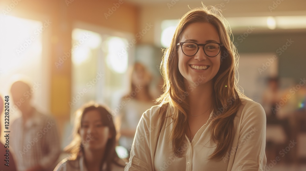 A dedicated female teacher stands in a bright classroom, smiling and ...
