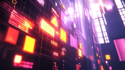 Wall Mural - a futuristic digital interface with glowing data displays and abstract graphics.