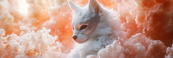 Wall Mural - a mystical white fox with a silver mask emerges from swirling clouds.