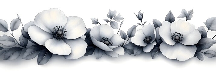 A background of hand-drawn flowers in simple black ink on a white base.