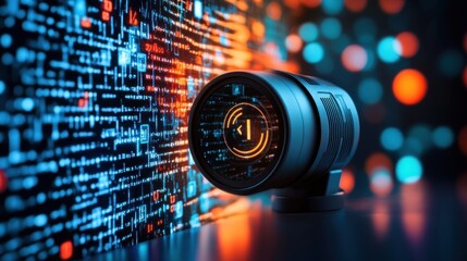 Futuristic camera lens displays digital code background
