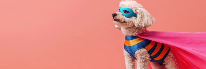 Canvas Print - A dog dressed as a superhero with a colorful cape against a pink background.