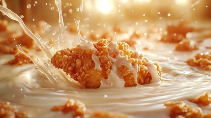 A crispy fried chicken piece splashes into creamy liquid, creating an appetizing scene.