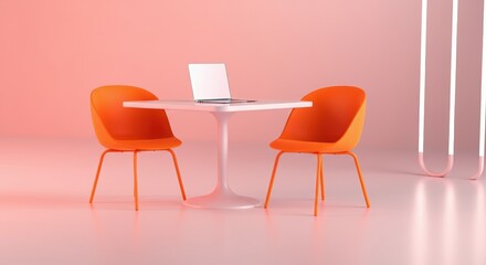 Wall Mural - Modern orange chairs and a sleek table with a laptop in a vibrant setting