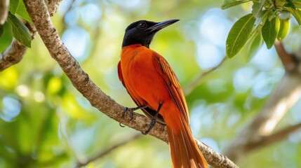 Wall Mural - close up shot of a bright orange and black bird perched on a branch