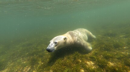 polar bear swimming underwater in green waters