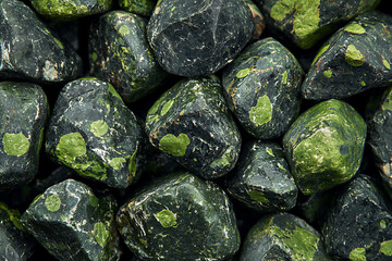 Poster - Close-up view of polished green stones with unique patterns, showcasing natural textures and colors