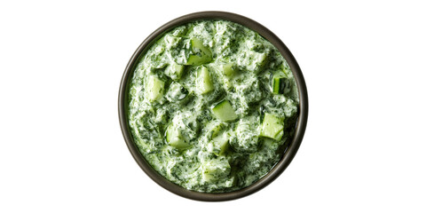 Wall Mural - Bowl of creamy cucumber spinach salad isolated on transparent background