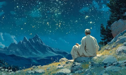 Wall Mural - man in a robe is sitting on a rocky hillside, looking up at the stars. the scene is peaceful and ser