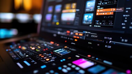 Video editing console with a large display screen showing multiple video clips