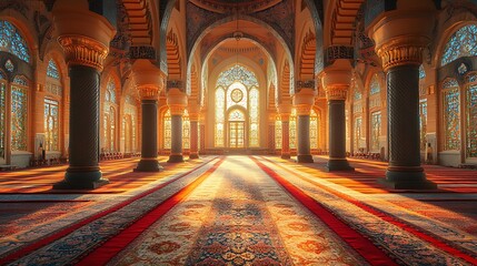 Wall Mural - Sunlit Mosque Interior Columns and Stained Glass Windows