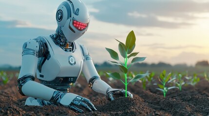 A futuristic 3D AI robot planting glowing saplings in a barren landscape, symbolizing efforts to combat deforestation