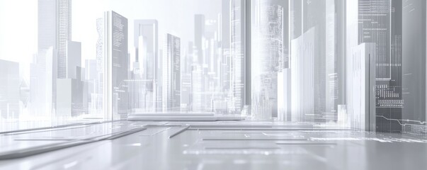 Minimalistic white-on-white futuristic background featuring digital graphs, investment charts, and coding elements in a tech-themed layout