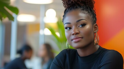 A vibrant office environment with a Black businesswoman leading a discussion about growth strategies with her diverse team