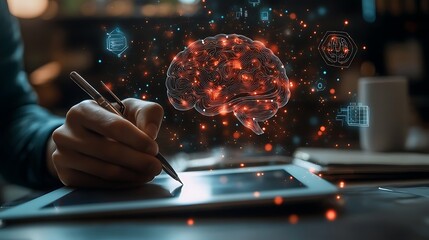 A business mans hand is writing on a tablet with hologram icons