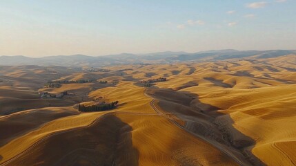 Wall Mural - Aerial view, rolling hills, farmland, sunset, Palouse region, travel