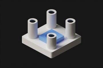 Wall Mural - Abstract 3D rendering of geometric shapes, white cylinders on a square base with a blue center piece.
