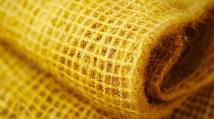 Yellow textile grid roll close up for craft, art, or packaging, on light background