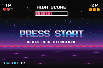Wall Mural - press start. pixel art .8 bit game. retro futurism sci-fi background. glowing neon grid. and stars f