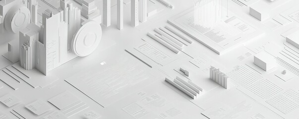 minimal futuristic white digital layout showcasing tech graphs, candlestick charts, and cyber-inspir