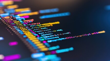 Close-up of developer's monitor with complex code, vibrant UI and professional dynamic workspace