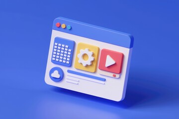 3D illustration of a website interface with icons representing cloud storage, settings, grid, and video player.