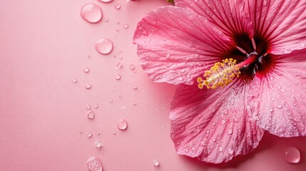 Poster - Close up of vibrant pink Hibiscus flower with water droplets on soft pink background featuring ample space for copy or text placement