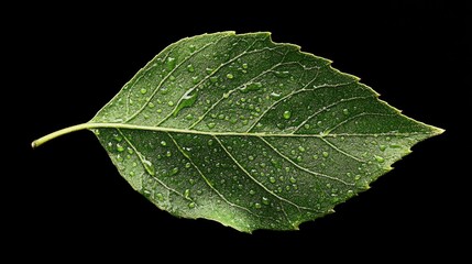 Poster - Macro shot of a green leaf with water droplets against a black background showcasing natural textures and empty space for text or graphics