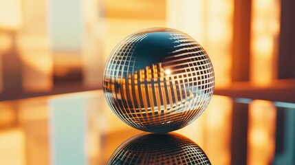 Leinwandbilder - Geometric Lens Ball on Reflective Glass Surface with Warm Light and Copy Space for Text