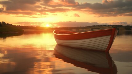 Wall Mural - A tranquil scene featuring a small boat on still water during sunset, with vibrant colors reflecting on the surface and a picturesque landscape in the background.