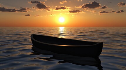 Wall Mural - A serene sunset over calm waters featuring a silhouetted boat, creating a peaceful and tranquil atmosphere.