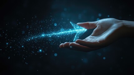 Aufkleber - Hand presenting a glowing blue arrow symbolizing direction and innovation with dark background for copy space and creative ideas