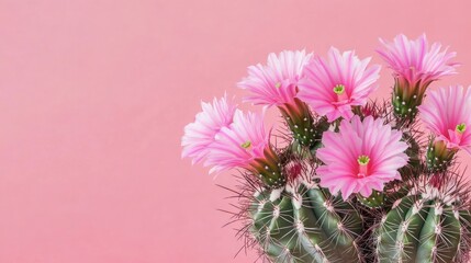 Poster - Cactus with delicate pink flowers against a soft pink background showcasing vibrant flora and ample space for text and design elements